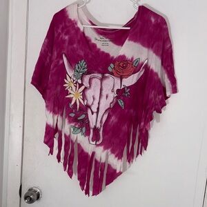 TORRID Magenta Tie-Dye Fringe Top with Skull & Floral Graphic